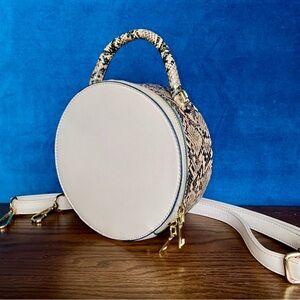 Round Tan and Snakeskin Bag with Gold Hardware, Convertible Crossbody